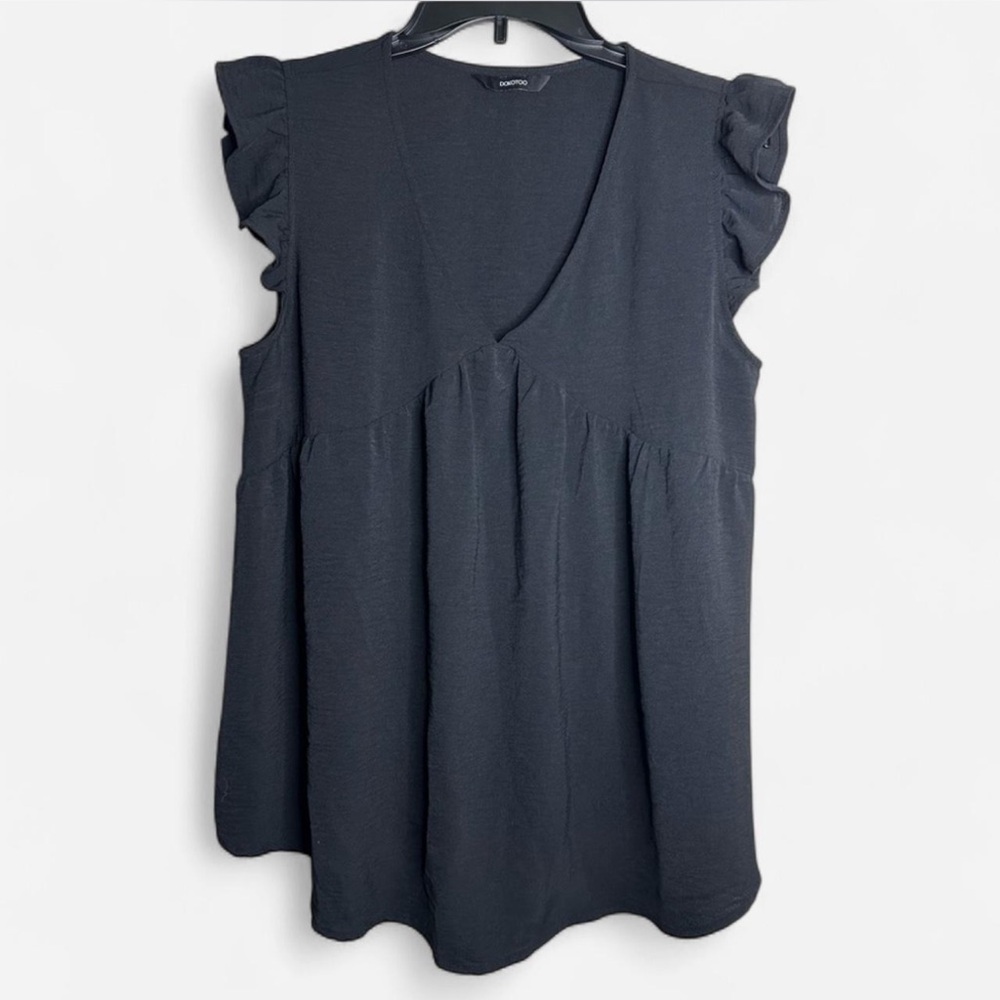 Black Ruffle Sleeve V-Neck Top, Size L - 100% Polyester - Casual & Stylish